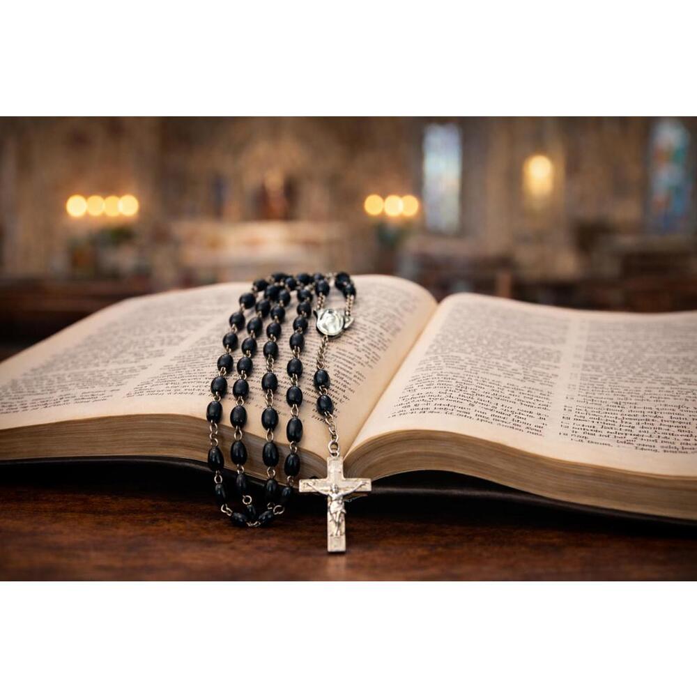 Vintage Rosary with Onyx or Hematite beads and the Virgin Mary 42"